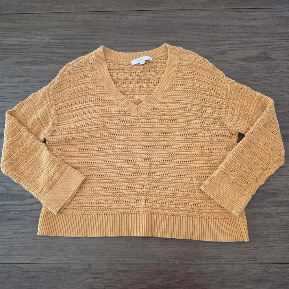 Loft Mustard Yellow V-Neck Textured Cotton Knit Sweater Womens Large RN140923
